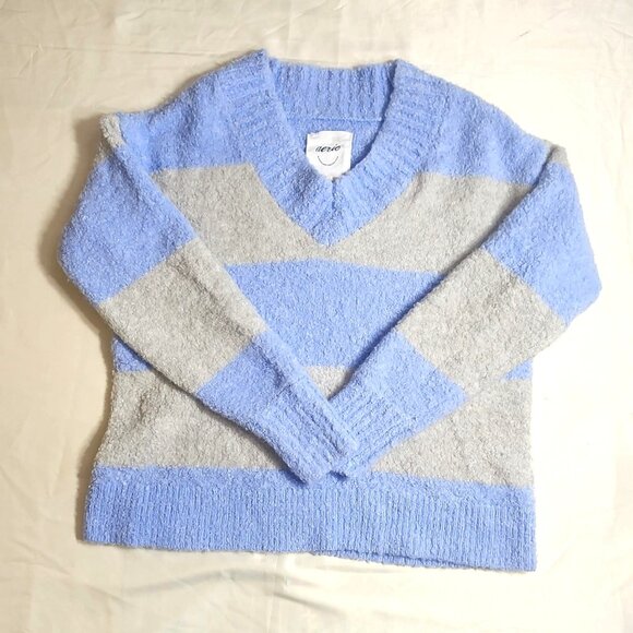 Aerie Women’s Small Striped Sweater Blue Gray V-Neck Long Sleeve Cozy Knit - Picture 1 of 10